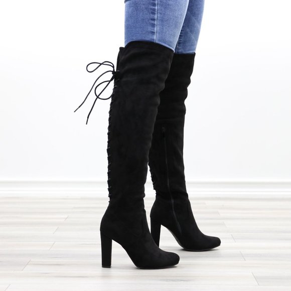 Black Over The Knee Heeled Boots Thigh High Suede With Lace Up Back - Picture 6 of 14